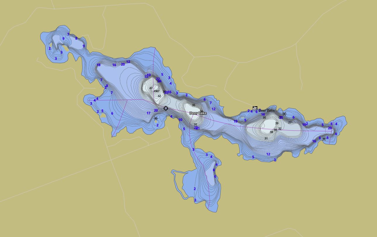 Contour Map of Deer Lake in Municipality of Unorganized and the District of Parry Sound